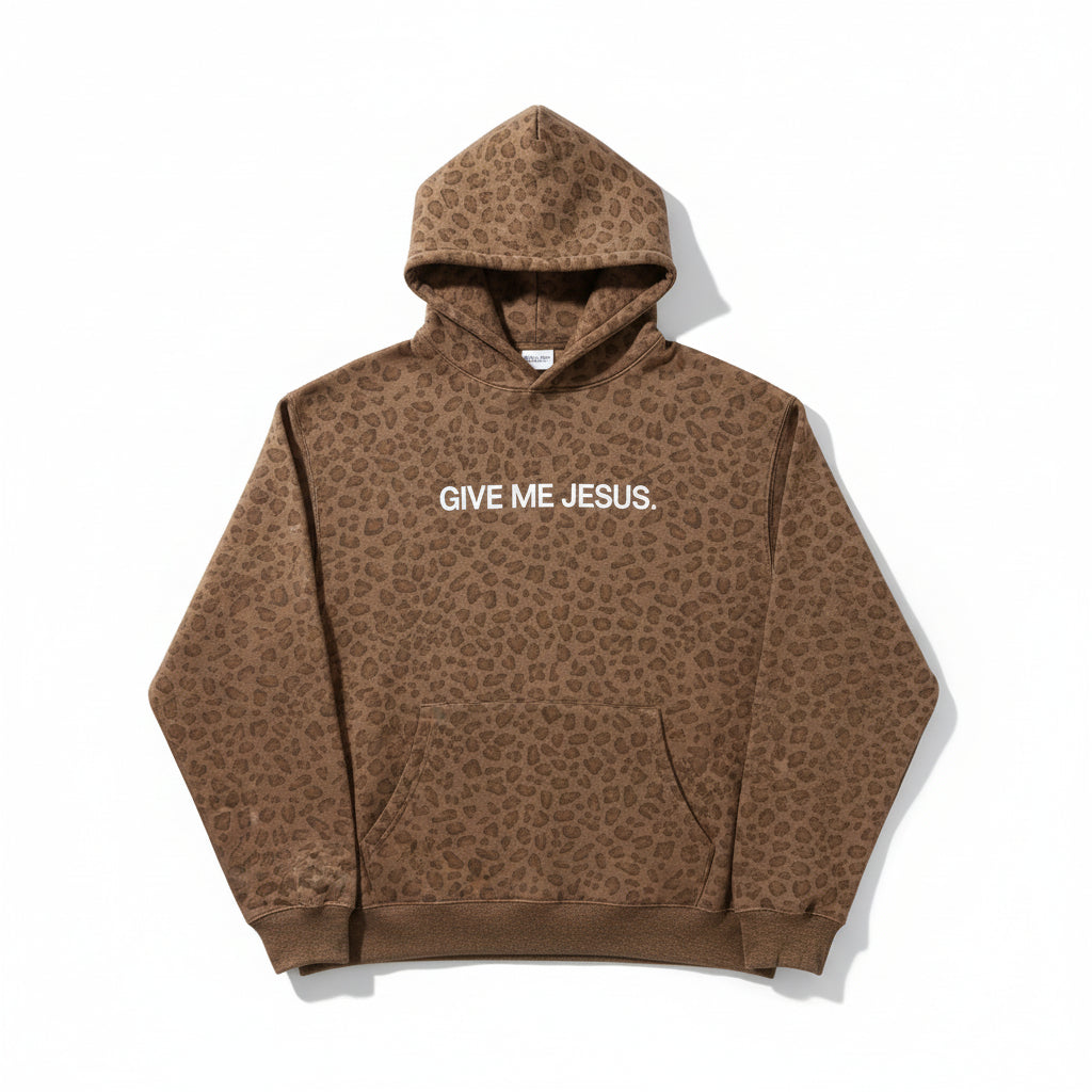 Brown leopard print hoodie with 'Give Me Jesus' text on a white background