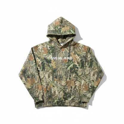 Camouflage hoodie with 'Give Me Jesus' text on a white background